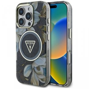 Etui Guess Glitter Flowers Triangle      Buttons MagSafe do iPhone 16 Pro Max czarny