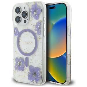 Etui Guess Resin Flowers MagSafe do      iPhone 16 Pro fioletowy