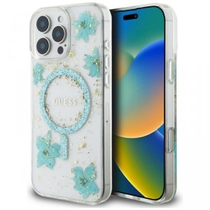 Etui Guess Resin Flowers Glitter MagSafe do iPhone 16 Pro Max turkusowy