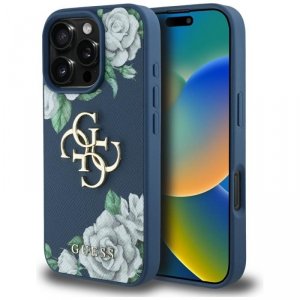 Etui Guess Grained Roses Big 4G logo do  iPhone 16 Pro Max niebieski