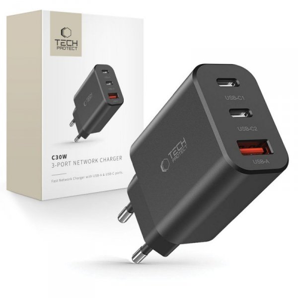 TECH-PROTECT NC30W 3-PORT ŁADOWARKA SIECIOWA  PD30W/QC3.0 BLACK