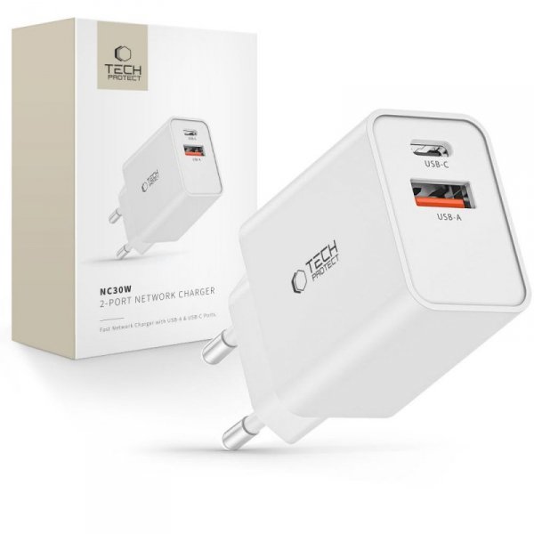 TECH-PROTECT NC30W 2-PORT ŁADOWARKA SIECIOWA  PD30W/QC3.0 WHITE
