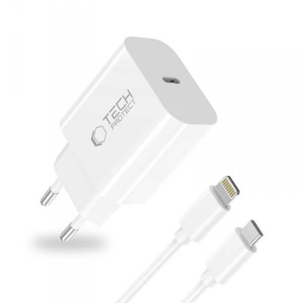 TECH-PROTECT NC20W 1-PORT NETWORK CHARGER PD20W + LIGHTNING CABLE WHITE