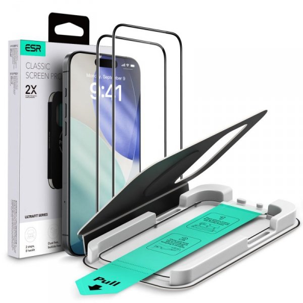 2x Szkło ESR UltraFit iPhone 17 Pro na Cały Ekran Czarne + Ramka Montażowa