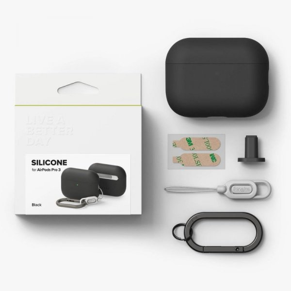Silikonowe Etui do AirPods Pro 3 Ringke Silicone Black Case + Karabińczyk Czarne