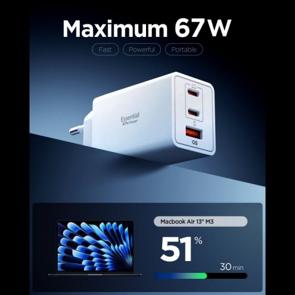 Ładowarka Sieciowa Spigen 3-Portowa 67W USB-C / USB-A Szybkie Ładowanie – Biała