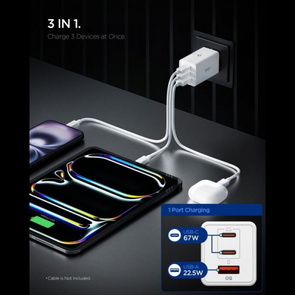 Ładowarka Sieciowa Spigen 3-Portowa 67W USB-C / USB-A Szybkie Ładowanie – Biała