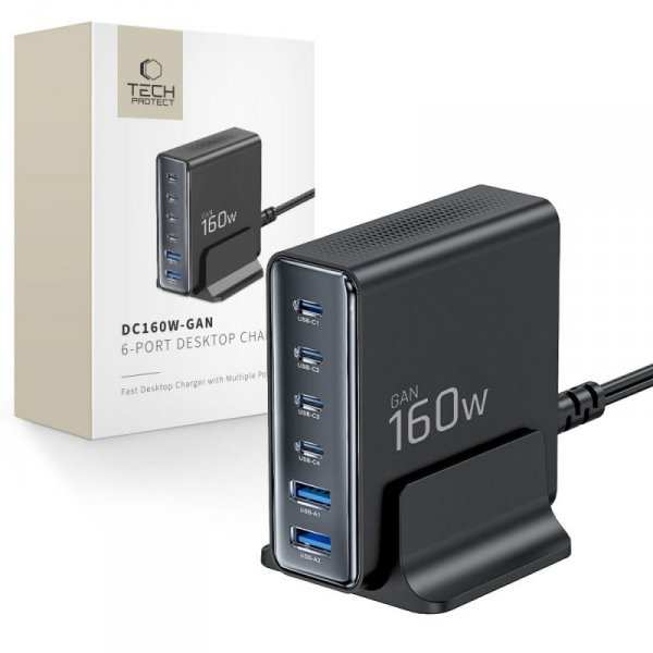 Ładowarka Biurkowa Tech-Protect DC160W-GAN Mocna Stacja Ładująca 6-Port PD 160W Black