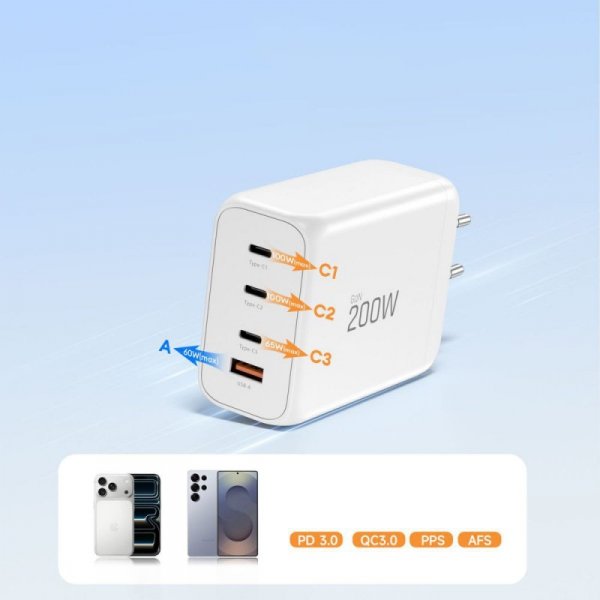 Szybka Ładowarka Sieciowa Tech-Protect NC200W-GaN 4-Port PD 200W QC3.0 White