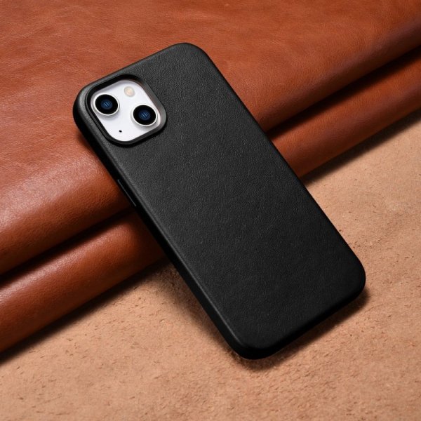 iCarer Case Leather pokrowiec etui z naturalnej skóry do iPhone 14 czarny (WMI14220705-BK) (kompatybilne z MagSafe)