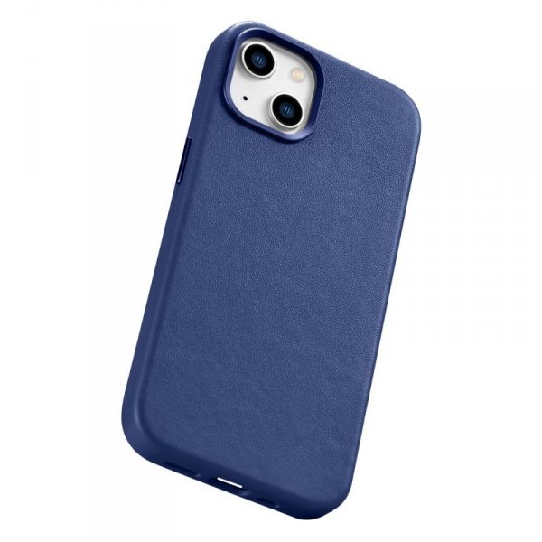 iCarer Case Leather pokrowiec etui z naturalnej skóry do iPhone 14 niebieski (WMI14220705-BU) (kompatybilne z MagSafe)
