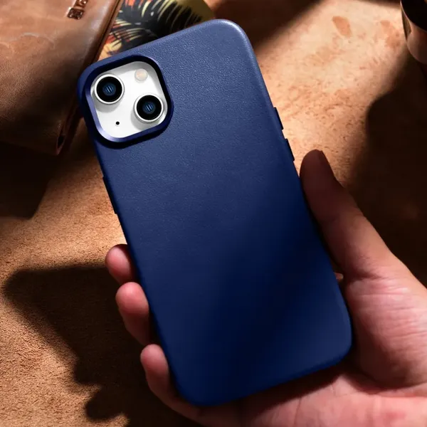 iCarer Case Leather pokrowiec etui z naturalnej skóry do iPhone 14 niebieski (WMI14220705-BU) (kompatybilne z MagSafe)