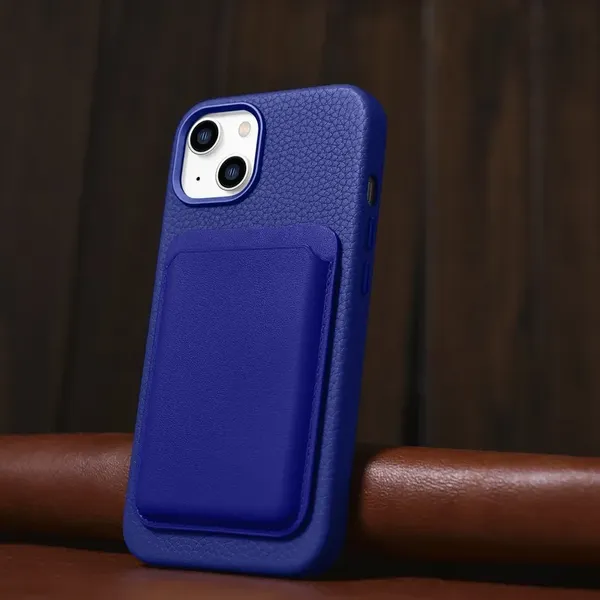 iCarer Litchi Premium Leather Case skórzane etui iPhone 14 Plus magnetyczne z MagSafe ciemnoniebieski (WMI14220711-DB)