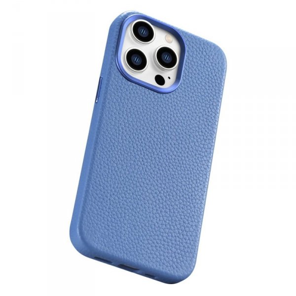 iCarer Litchi Premium Leather Case skórzane etui iPhone 14 Pro Max magnetyczne z MagSafe jasnoniebieski (WMI14220712-LB)