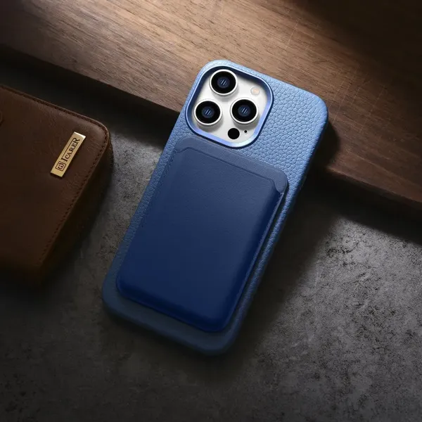 iCarer Litchi Premium Leather Case skórzane etui iPhone 14 Pro Max magnetyczne z MagSafe jasnoniebieski (WMI14220712-LB)