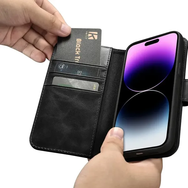 iCarer Oil Wax Wallet Case 2in1 etui iPhone 14 Pro skórzany pokrowiec z klapką Anti-RFID czarny (WMI14220722-BK)