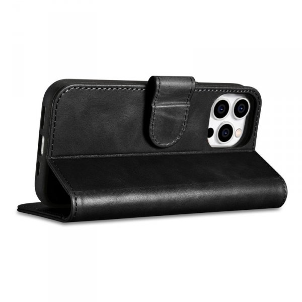 iCarer Oil Wax Wallet Case 2in1 etui iPhone 14 Pro skórzany pokrowiec z klapką Anti-RFID czarny (WMI14220722-BK)