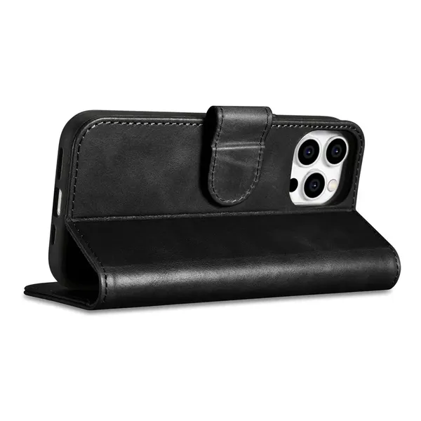 iCarer Oil Wax Wallet Case 2in1 etui iPhone 14 Pro skórzany pokrowiec z klapką Anti-RFID czarny (WMI14220722-BK)