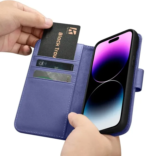 iCarer Wallet Case 2in1 etui iPhone 14 Pro skórzany pokrowiec z klapką Anti-RFID jasnofioletowy (WMI14220726-LP)
