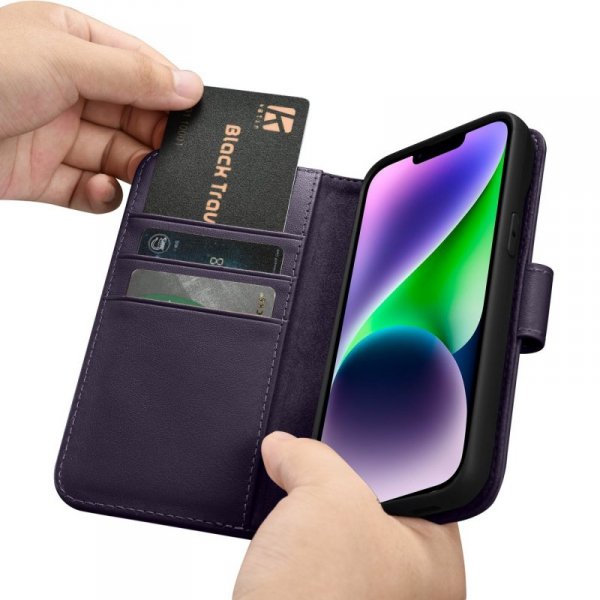 iCarer Wallet Case 2in1 etui iPhone 14 Plus skórzany pokrowiec z klapką Anti-RFID ciemnofioletowy (WMI14220727-DP)