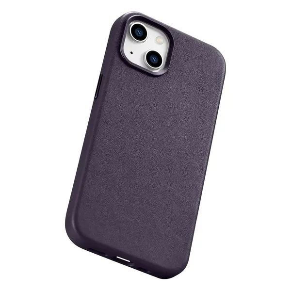 iCarer Case Leather pokrowiec etui z naturalnej skóry do iPhone 14 Plus ciemnofioletowy (kompatybilne z MagSafe)