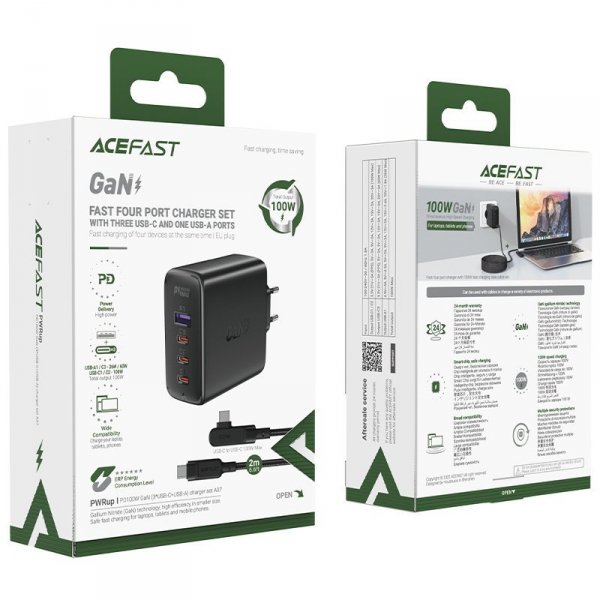 Acefast szybka ładowarka sieciowa GaN 3xUSB-C/1xUSB-A 100W czarna + kabel kątowy USB-C - USB-C 100W 2m czarny
