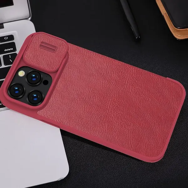 Nillkin Qin Leather Pro Case etui iPhone 14 Pro Max osłona na aparat kabura pokrowiec obudowa z klapką brązowy