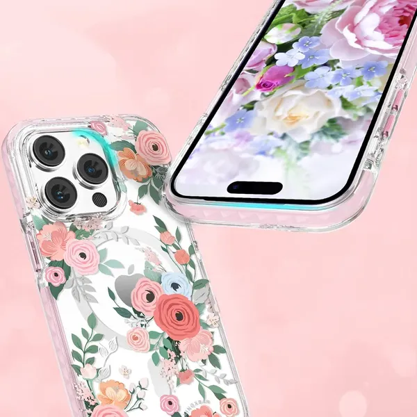 Kingxbar Flora Series magnetyczne etui iPhone 14 Pro MagSafe ozdobione nadrukiem w kwiaty rose