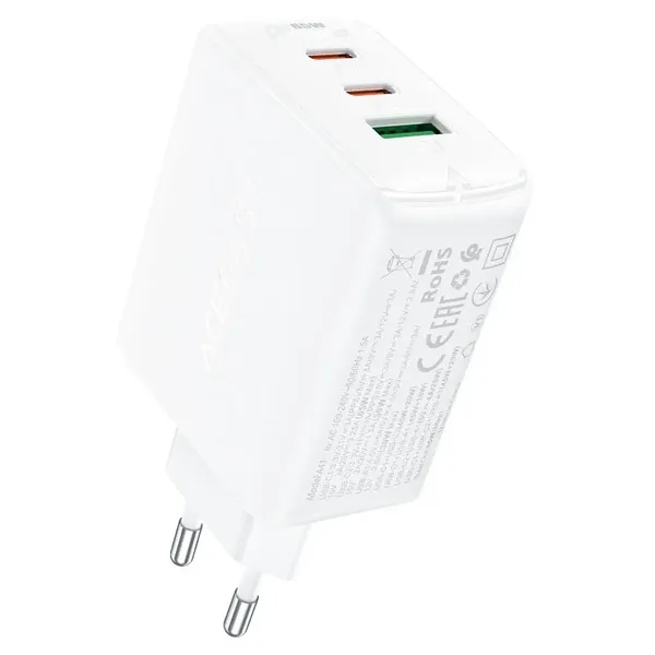 Acefast szybka ładowarka sieciowa GaN (2x USB-C / USB-A) PPS / PD / QC4+ 65W biała (A41)