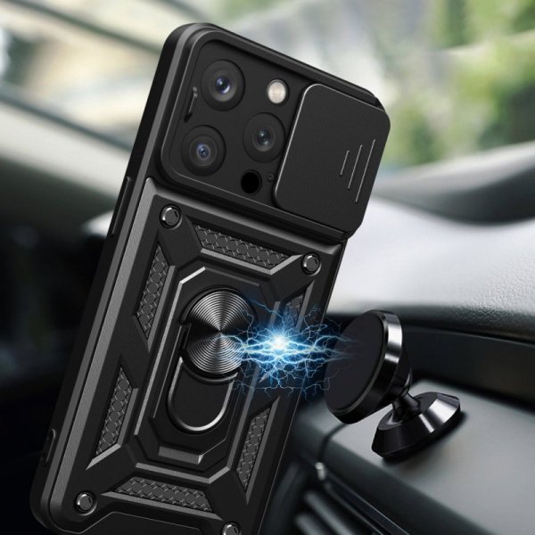 Pancerne etui z podstawką i osłoną aparatu do iPhone 15 Pro Max Hybrid Armor Camshield - czarne