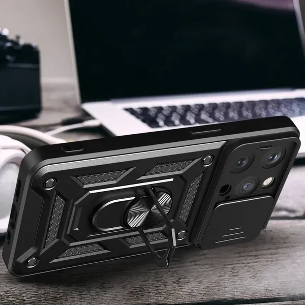 Pancerne etui z podstawką i osłoną aparatu do iPhone 15 Pro Max Hybrid Armor Camshield - czarne