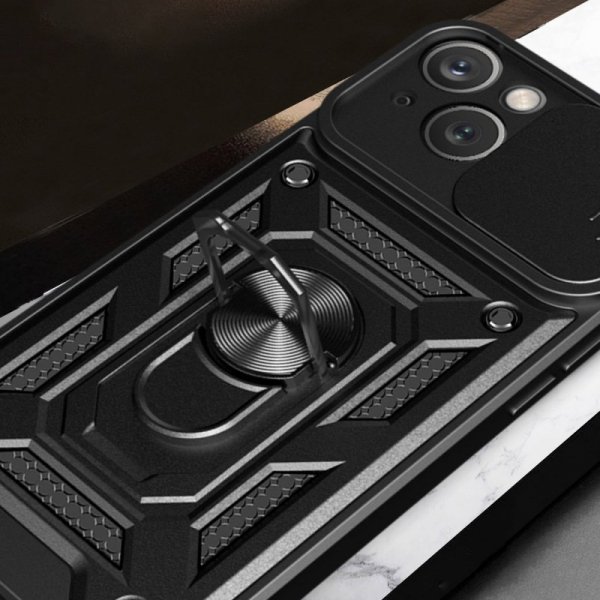 Pancerne etui z podstawką i osłoną aparatu do iPhone 15 Plus Hybrid Armor Camshield - czarne