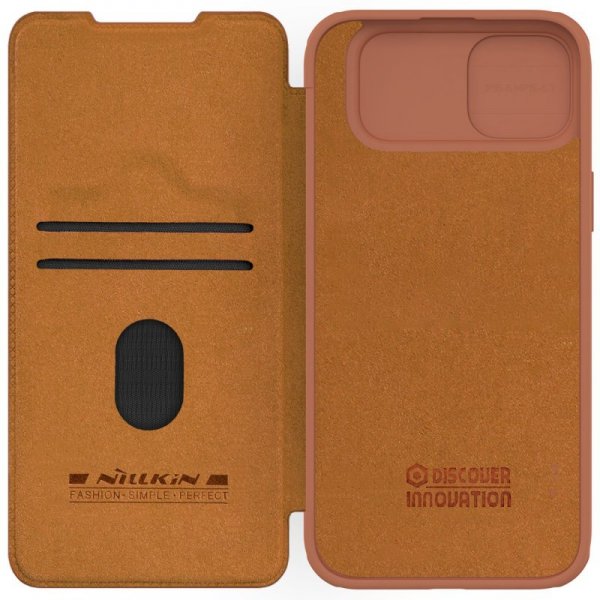 Skórzane etui z klapką osłoną aparatu do iPhone 15 Plus Nillkin Qin Pro Leather - brązowe