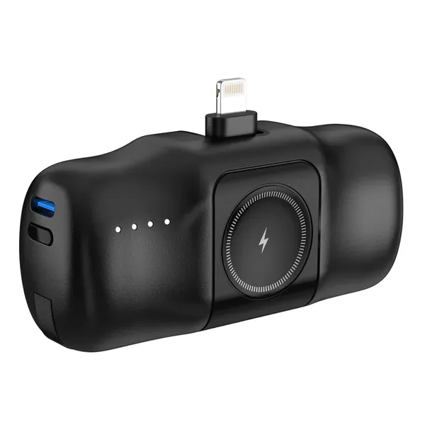 Mini powerbank Wozinsky WF16-YLS 5000mAh 15W Lightning z wbudowanym kablem USB-C i ładowarką do Apple Watch - czarny