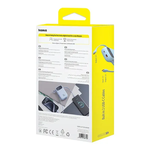 Powerbank Baseus QPow 2 30W 10000mAh z wbudowanymi kablami USB-C - niebieski