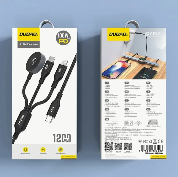 Kabel z ładowarką do Apple Watch Dudao A12Max+ PD 100W 3w1: USB-C Lightning 1,2m - czarny