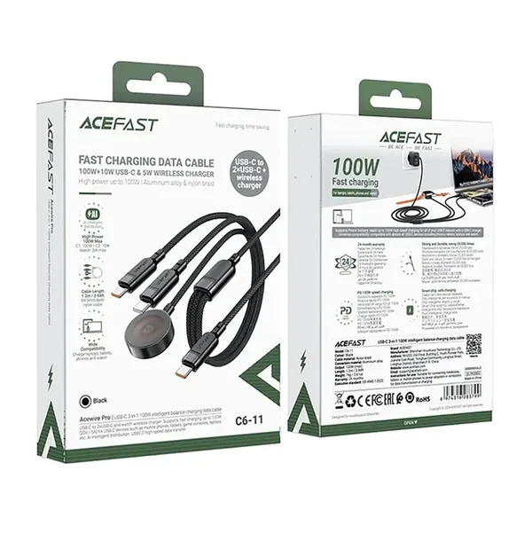 Kabel 3w1 Acefast C6-11 USB-C - 2x USB-C / Qi 480Mb/s 100W 1.2m - czarny