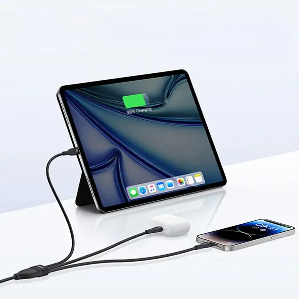 Kabel 3w1 Baseus Flash Series 3 100W USB-C - USB-C+USB-C+Lightning 1,5m + 3 x 0,25 m - czarny