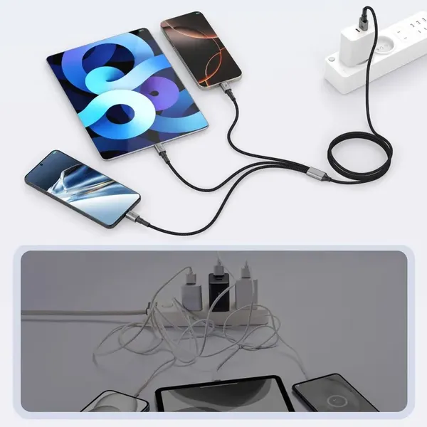 Kabel Mocny 3w1 USB-C / Micro-USB / Lightning do iPhone Samsung Xiaomi Tech-Protect 1.2m 120cm Szary
