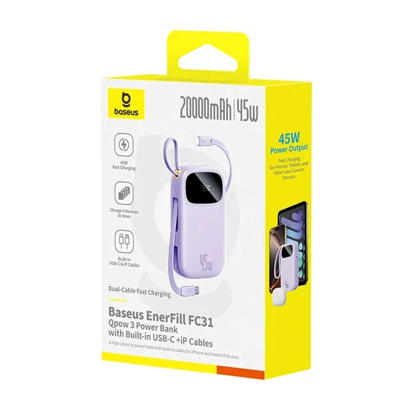 Powerbank Baseus EnerFill FC31 QPow3 20000mAh 45W z wyświetlaczem z kablami USB-C i Lightning - fioletowy