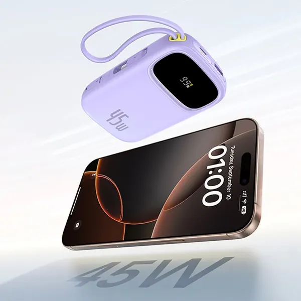 Powerbank Baseus EnerFill FC31 QPow3 20000mAh 45W z wyświetlaczem z kablami USB-C i Lightning - fioletowy