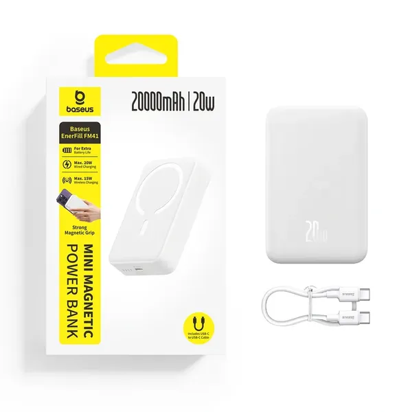 Powerbank magnetyczny Baseus EnerFill FM41 20000mAh 20W z kablem USB-C do USB-C 30cm - biały
