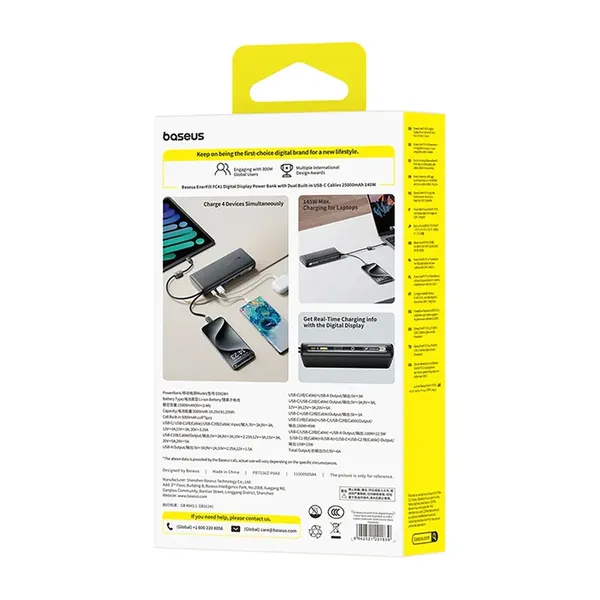 Powerbank Baseus EnerFill FC41 25000mAh 145W z wyświetlaczem cyfrowym i wbudowanym podwójnym kablem USB-C - czarny