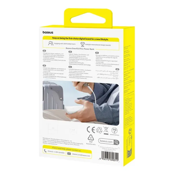 Powerbank Baseus EnerFill FP11 10000mAh 15W z białym kablem USB-C 20V/3A 30cm - biały