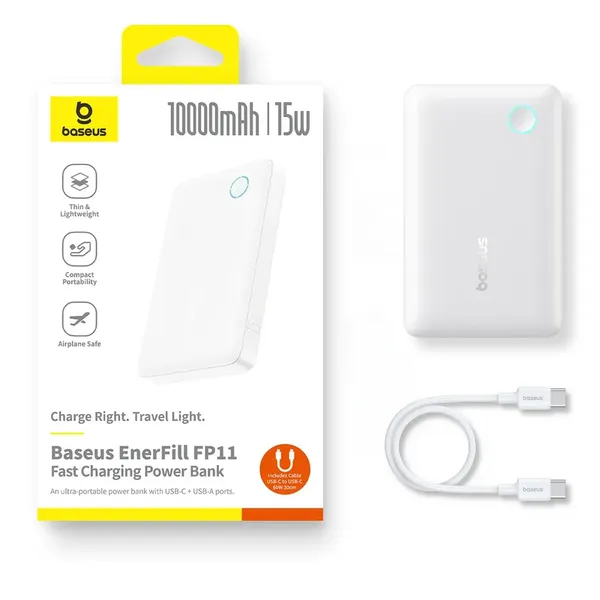 Powerbank Baseus EnerFill FP11 10000mAh 15W z białym kablem USB-C 20V/3A 30cm - biały