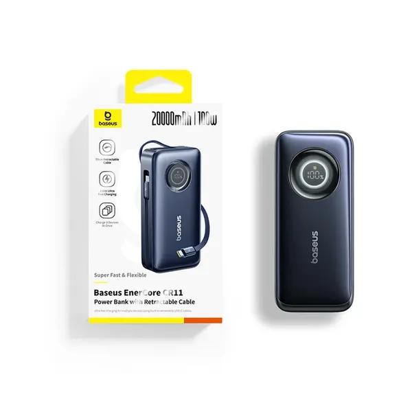 Powerbank Baseus EnerCore CR11 20000mAh 100W ze zwijanym kablami USB-C - czarny