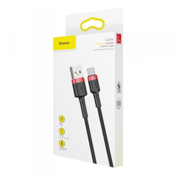 Baseus Cafule Cable wytrzymały nylonowy kabel przewód USB / USB-C QC3.0 2A 2M czarno-czerwony (CATKLF-C91)
