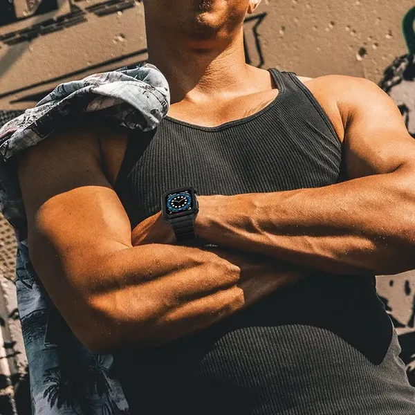 Pasek z etui ochronnym Protect Strap Band do Apple Watch 42 / 44 / 45 mm opaska obudowa pancerna - czarny, różowe złoto