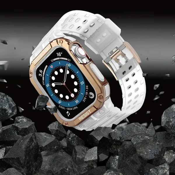 Pasek z etui ochronnym Protect Strap Band do Apple Watch 42 / 44 / 45 mm opaska obudowa pancerna - biały, różowe złoto