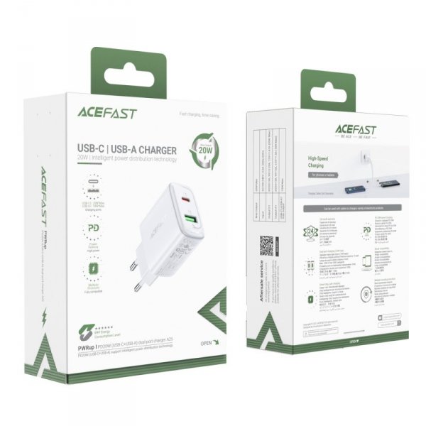 Acefast ładowarka sieciowa USB Typ C / USB 20W, PPS, PD, QC 3.0, AFC, FCP biały (A25 white)